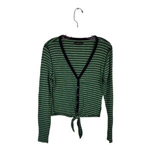 Abercrombie & Fitch Green Navy Striped Cardigan Sweater button front  Tie Size L